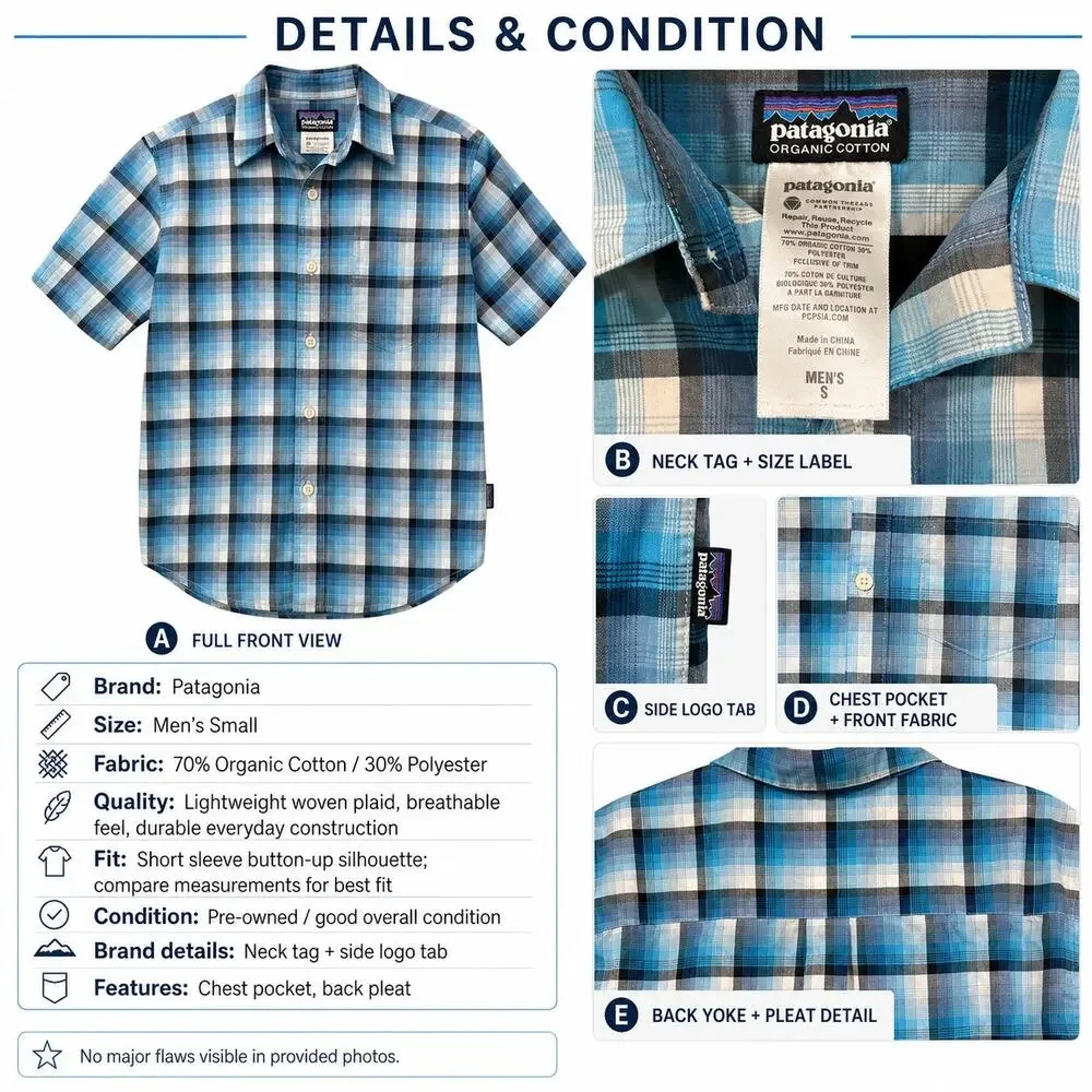 Patagonia Fezzman Men’s Small Blue Plaid Organic Cotton Camp Short Sleeve‎ Shirt